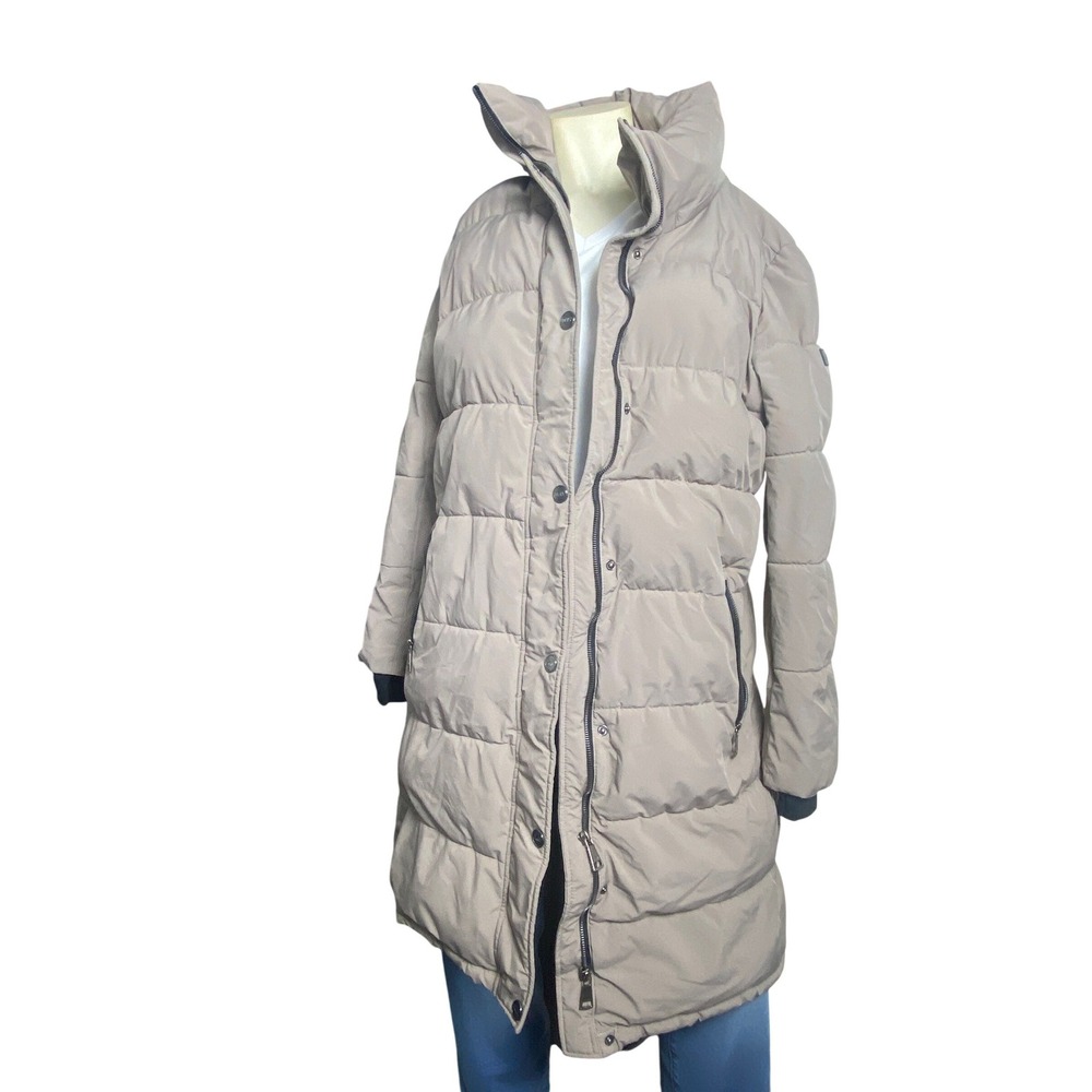 DKNY Long Puffer Coat Women's Large Tan Hooded Quilted Winter Jacket